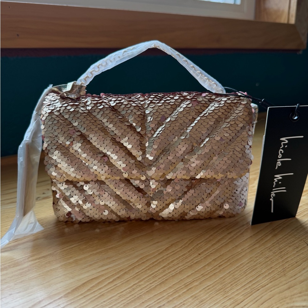 NWT Nicole Miller Gold Sequin Crossbody Bag